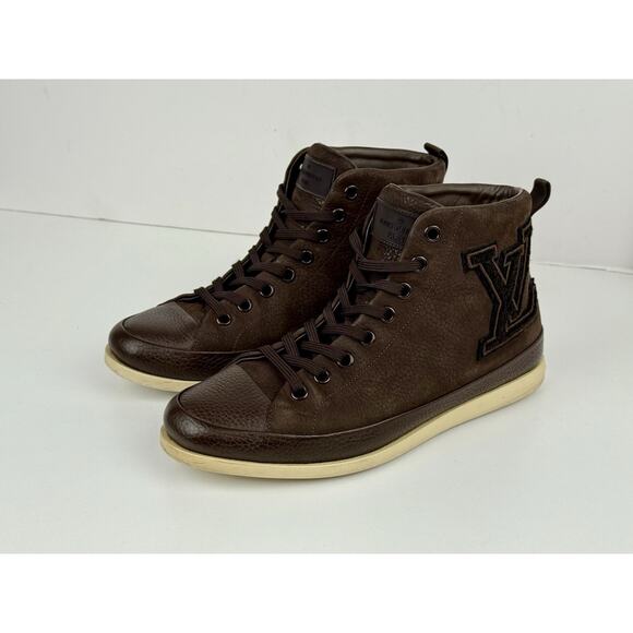 Louis Vuitton Brown Nubuck And Leather Embroidered Accent Men Sneakers LV Size 8 - Picture 1 of 8